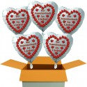 5 weiße Herzluftballons, "Zur Rosenhochzeit in Liebe!" , inklusive Helium