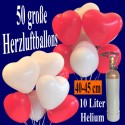 Midi-Set Ballons Helium, 50 Herzluftballons 40 cm mit Ballongasflasche, Weiß und Rot