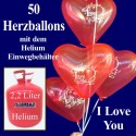 Helium- Einwegbehälter mit 50 Herzballons I Love You