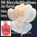 Helium- Einwegbehälter mit 50 Herzballons Hochzeit WEISS Just married