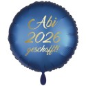 Abi 2026 geschafft! Blauer Rund-Luftballon, Satin de Luxe, 70 cm, mit Helium-Ballongas