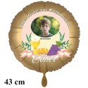 Fotoballon, goldener Rundluftballon aus Folie, Alles Gute zur Kommunion, mit Foto, Name und Datum. Ohne Helium