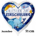 Alles Liebe zur Einschulung. Großer, weißer, herzförmiger Luftballon zum Schulanfang, blau, zur Einschulung, ohne Helium