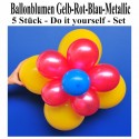 Ballonblumen-Set  Blumen aus Luftballons, Gelb-Rot-Blau-Metallic, 5 Stück