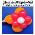 Ballonblumen-Set  Blumen aus Luftballons, Orange-Rot-Weiß, 5 Stück