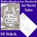 Ballonflugkarten Hochzeit, Just Married-Hochzeitstauben, 10 Stück