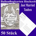 Ballonflugkarten Hochzeit, Just Married-Hochzeitstauben, 50 Stück