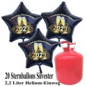 Silvester Dekoration, 20 Luftballons, schwarze Sterne, 2023, Frohes Neues Jahr, mit 2,2 L Helium-Einweg