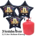 Silvester Dekoration, 20 Luftballons, schwarze Sterne, 2026, Frohes Neues Jahr, mit 2,2 L Helium-Einweg