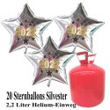 Silvester Dekoration, 20 Luftballons, silberne Sterne, 2022, mit 2,2 L Helium-Einweg