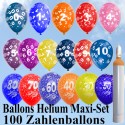 Maxi-Set 10, 100 Zahlenluftballons, Geburtstag-Jubiläum, mit Helium