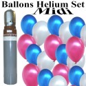 Midi-Set 2, 50 Luftballons Metallic, Frankreich-Farben, Blau-Weiß-Rot mit 3,5 Liter Helium-Mehrwegflasche