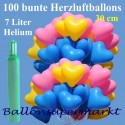 Maxi-Set 1BA, 100 bunte Herzluftballons 30-33 cm mit Helium (Farbauswahl)