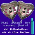 Maxi-Set Silvester, "Viel Glück im neuen Jahr!", 100 silberne Herzballons aus Folie mit Helium