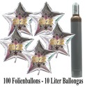 Maxi-Set Silvester, "2022", 100 silberne Sternballons aus Folie mit Helium