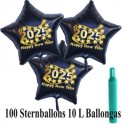 Maxi-Set Silvester, 2025 - Happy New Year, 100 Sternballons aus Folie (Schwarz) mit Helium