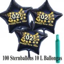 Maxi-Set Silvester, 2026 - Happy New Year, 100 Sternballons aus Folie (Schwarz) mit Helium