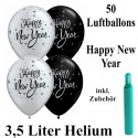 Midi-Set Silvester, Happy New Year, 50 Luftballons (Silber-Weiß) mit Helium
