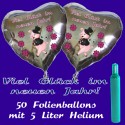 Midi-Set Silvester, "Viel Glück im neuen Jahr!", 50 silberne Herzballons aus Folie mit Helium