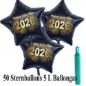 Midi-Set Silvester, 2026 - Feuerwerk, 50 Sternballons aus Folie (Schwarz) mit Helium