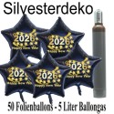Midi-Set Silvester, 2026 - Happy New Year, 50 Sternballons aus Folie (Schwarz) mit Helium