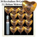 Midi-Set-Hochzeit, 30 Folienballons Herzen 50-Gold, 3 Liter Helium - zur Goldenen Hochzeit