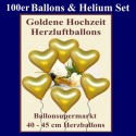 Herzluftballons mit Helium in Gold, Maxi-Set zur Goldenen Hochzeit, 100 Ballons und Ballongasflasche