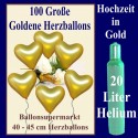 Herzluftballons mit Helium in Gold, Maxi-Set zur Goldenen Hochzeit, 100 Ballons und Ballongasflasche