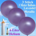 3 Stück 1 Meter große Rundballons in Lavendel-Metallic aus Latex mit Heliumflasche und Zubehör
