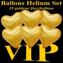 Herzluftballons mit Helium in Gold, Midi-Set zur VIP-Party, 15 Ballons und Ballongasflasche
