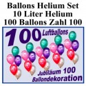 100 bunte Luftballons mit Helium, Zahl 100 zum 100. Jubiläum und Geburtstag