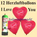 Herzluftballons Super-Mini-Set, 12 rote Herzballons I Love You, mit Helium-Einweg