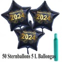 Midi-Set Silvester, 2024 - Feuerwerk, 50 Sternballons aus Folie (Schwarz) mit Helium