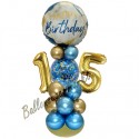 Partydeko mit LED-Beleuchtung zum 15. Geburtstag in Blau und Gold, Happy Birthday
