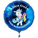 Alles Gute zum Schulanfang! Blauer Luftballon mit Einhorn, inklusive Helium-Ballongas