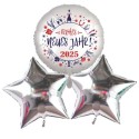 Geschenkidee zu Silvester, Bouquet aus 3 Folien-Luftballons, 1 x "Frohes Neues Jahr 2025" und 2 silberne Sterne