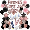 Silvesterdeko-Set mit Luftballons Frohes neues Jahr 2024 Black & Rose Gold, 52-teilig