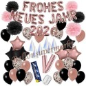 Silvesterdeko-Set mit Luftballons Frohes neues Jahr 2026 Black & Rose Gold, 52-teilig
