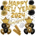 Silvesterdeko-Set mit Luftballons Happy New Year 2024 Black & Gold, 32-teilig