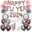 Silvesterdeko-Set mit Luftballons Happy New Year 2024 Rose Gold & Silver, 32-teilig
