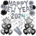 Silvesterdeko-Set mit Luftballons Happy New Year 2024 Black & Silver, 32-teilig