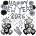 Silvesterdeko-Set mit Luftballons Happy New Year 2026 Black & Silver, 32-teilig