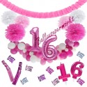 Happy Birthday Pink & White, Do it yourself Geburtstagsdeko-Set mit organischer Luftballongirlande zum 16. Geburtstag, 91-teilig