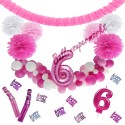 Happy Birthday Pink & White, Do it yourself Geburtstagsdeko-Set mit organischer Luftballongirlande zum 6. Geburtstag, 89-teilig