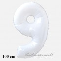 Zahlen-Luftballon aus Folie, 9, Neun, Weiß, 100 cm groß