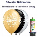 Silvester Dekoration, 12 Luftballons Happy New Year mit 1 Liter Helium-Einweg