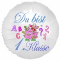 Du bist 1. Klasse. Satin-Weißer, runder Luftballon zum Schulanfang, zur Einschulung, ohne Helium