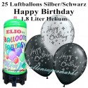 Luftballons zum Geburtstag, Silber/ Schwarz, Luftballons Mini-Set, 25 Happy Birthday Ballons, mit Helium-Einwegbehälter