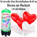 Maxi-Herzluftballons zur Hochzeit, rot/weiß, Luftballons Mini-Set, 10 große Herzballons, mit Helium-Einwegbehälter