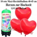 Maxi-Herzluftballons zur Hochzeit, rot, Luftballons Mini-Set, 10 große Herzballons, mit Helium-Einwegbehälter